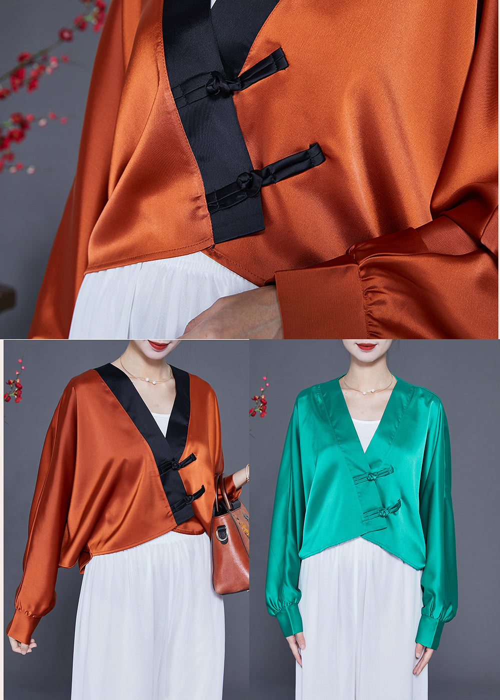 Art Caramel Oversized Patchwork Chinese Button Silk Shirt Spring LY2332