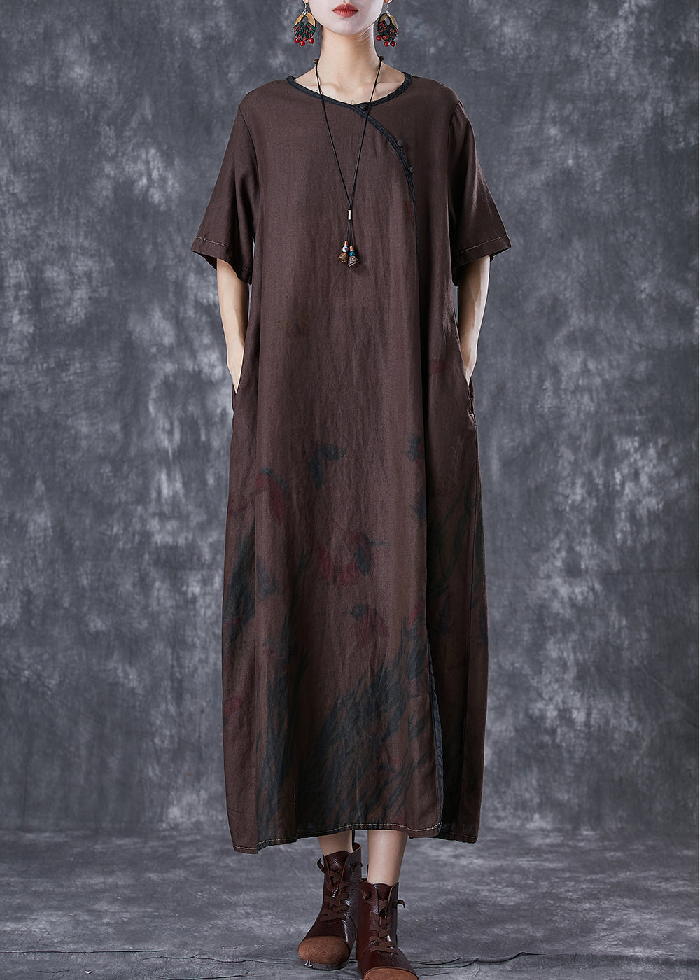 Art Chocolate Print Side Open Linen Dresses Summer TD1019 - fabuloryshop