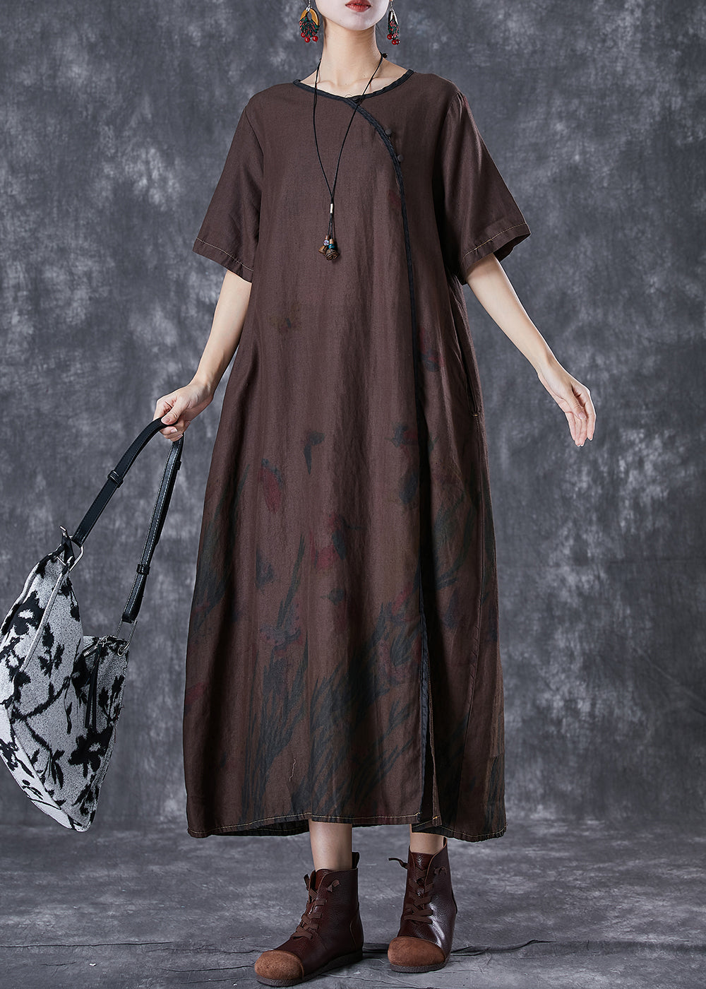 Art Chocolate Print Side Open Linen Dresses Summer TD1019 - fabuloryshop