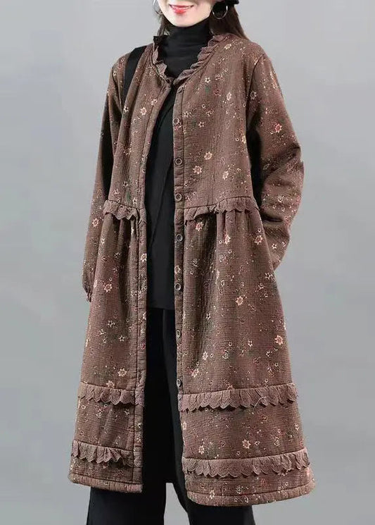 Art Coffee Print Lace Button Patchwork Warm Fleece Coat Fall Ada Fashion