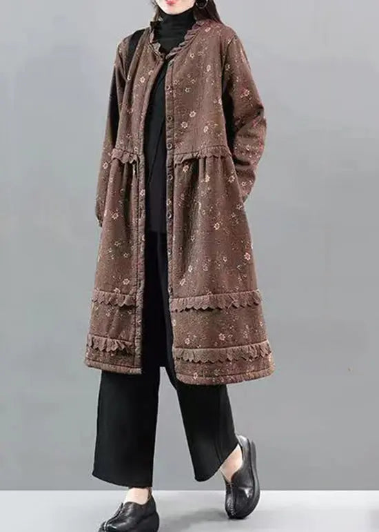 Art Coffee Print Lace Button Patchwork Warm Fleece Coat Fall Ada Fashion