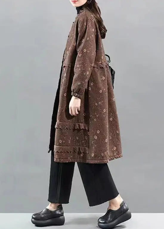 Art Coffee Print Lace Button Patchwork Warm Fleece Coat Fall Ada Fashion