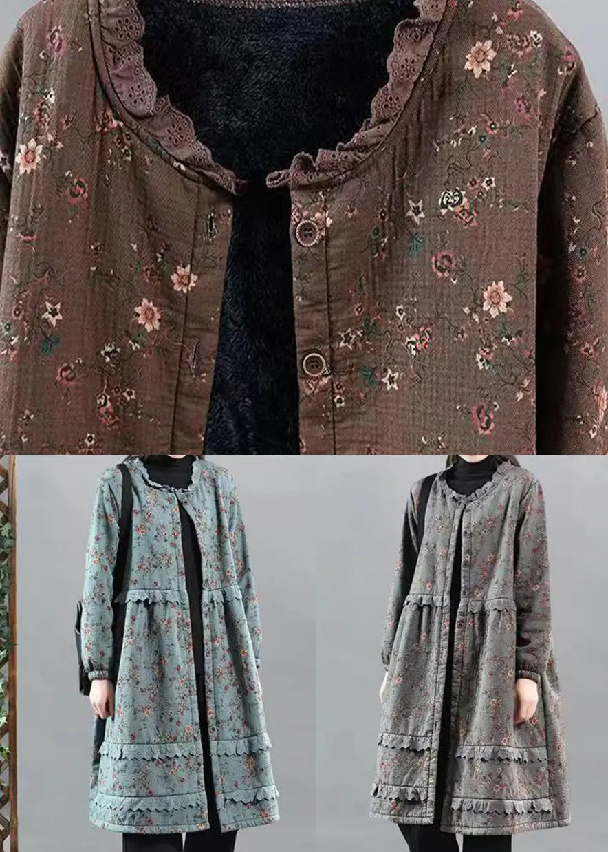 Art Coffee Print Lace Button Patchwork Warm Fleece Coat Fall Ada Fashion