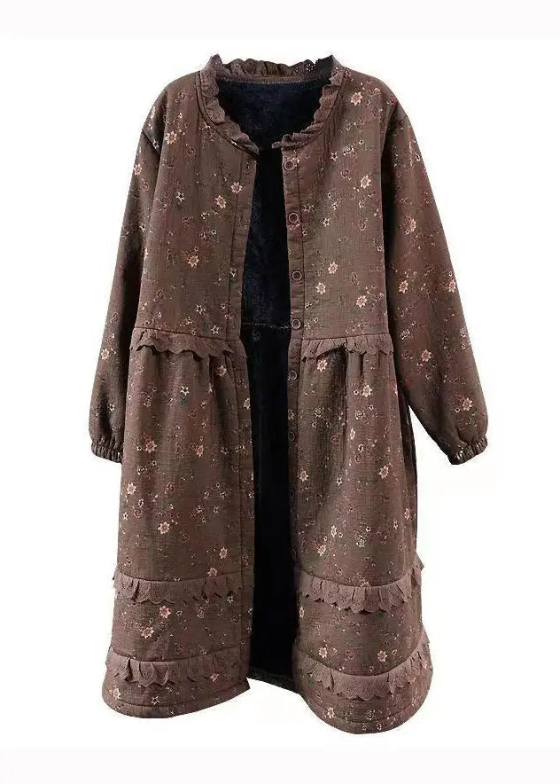 Art Coffee Print Lace Button Patchwork Warm Fleece Coat Fall Ada Fashion