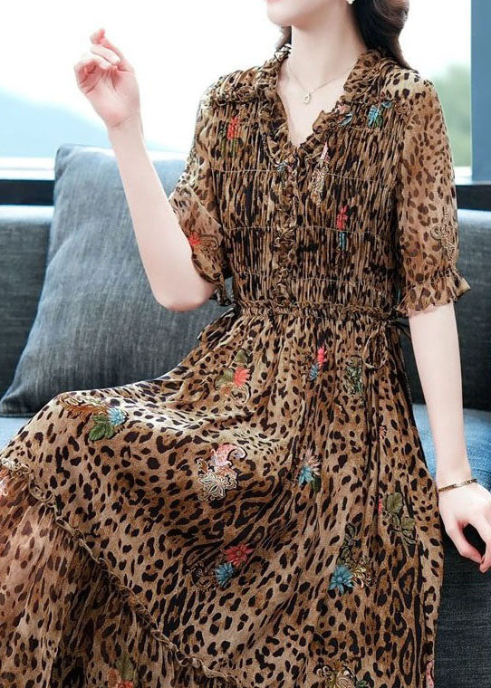 Art Coffee Ruffled Patchwork Leopard Print Silk Dress Summer LC0254 - fabuloryshop