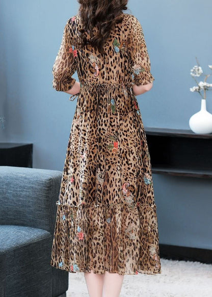 Art Coffee Ruffled Patchwork Leopard Print Silk Dress Summer LC0254 - fabuloryshop