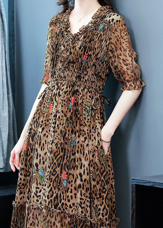 Art Coffee Ruffled Patchwork Leopard Print Silk Dress Summer LC0254 - fabuloryshop