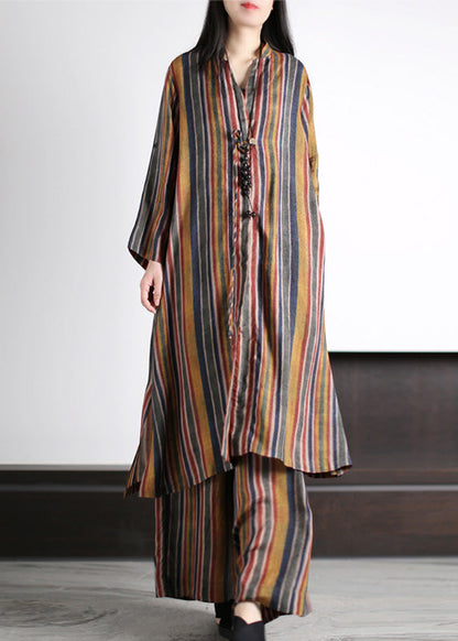 Art Coffee V Neck Striped Patchwork Silk Maxi Shirts And Wide Leg Pants Two Piece Set Spring LY5137 - fabuloryshop