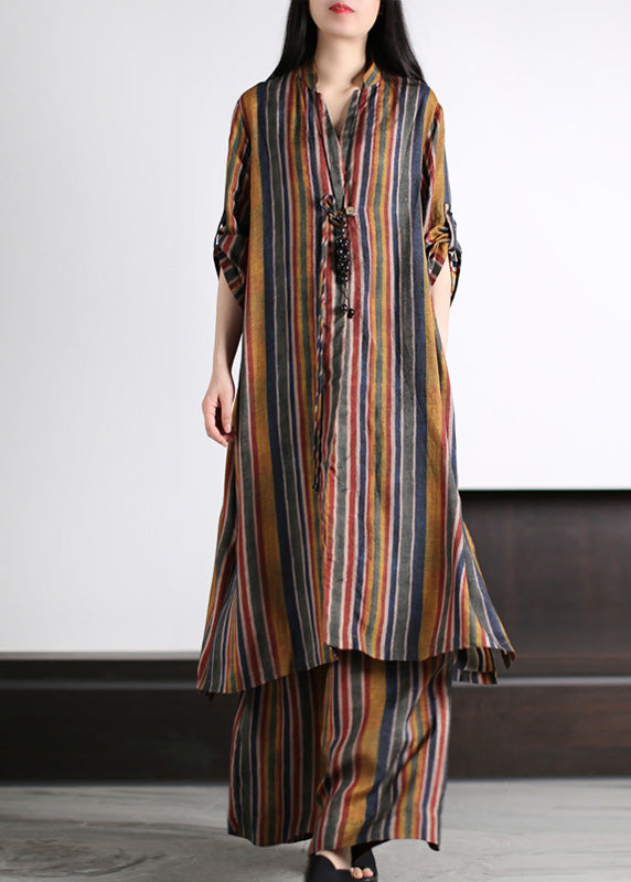 Art Coffee V Neck Striped Patchwork Silk Maxi Shirts And Wide Leg Pants Two Piece Set Spring LY5137 - fabuloryshop