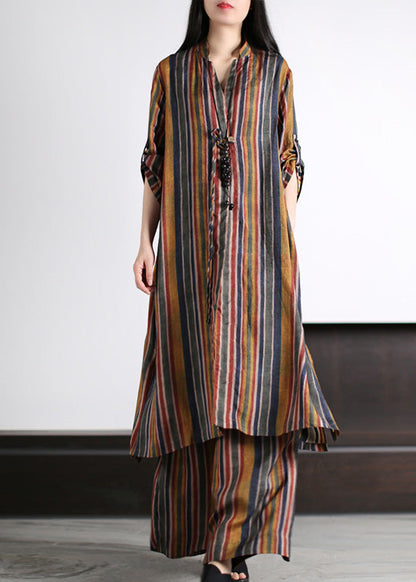 Art Coffee V Neck Striped Patchwork Silk Maxi Shirts And Wide Leg Pants Two Piece Set Spring LY5137 - fabuloryshop