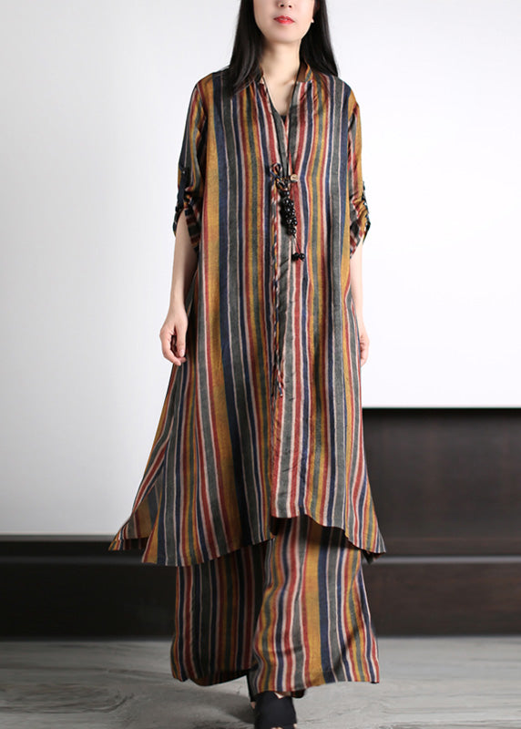 Art Coffee V Neck Striped Patchwork Silk Maxi Shirts And Wide Leg Pants Two Piece Set Spring LY5137 - fabuloryshop