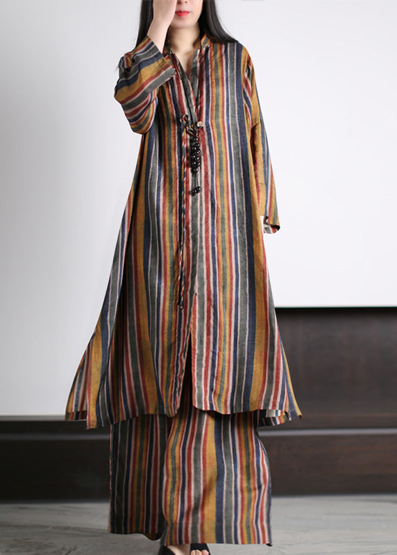 Art Coffee V Neck Striped Patchwork Silk Maxi Shirts And Wide Leg Pants Two Piece Set Spring LY5137 - fabuloryshop