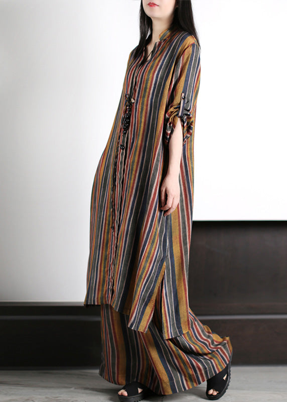 Art Coffee V Neck Striped Patchwork Silk Maxi Shirts And Wide Leg Pants Two Piece Set Spring LY5137 - fabuloryshop