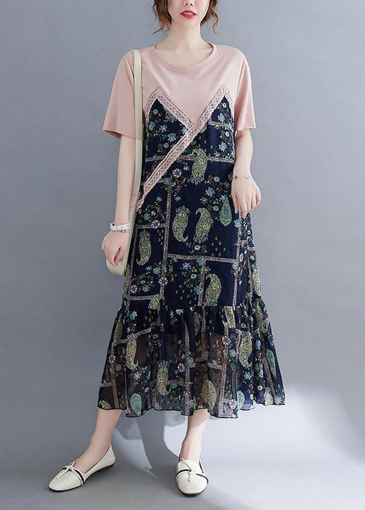 Art Colorblock O-Neck Patchwork Ruffles Cotton Dresses Summer LY0892 - fabuloryshop