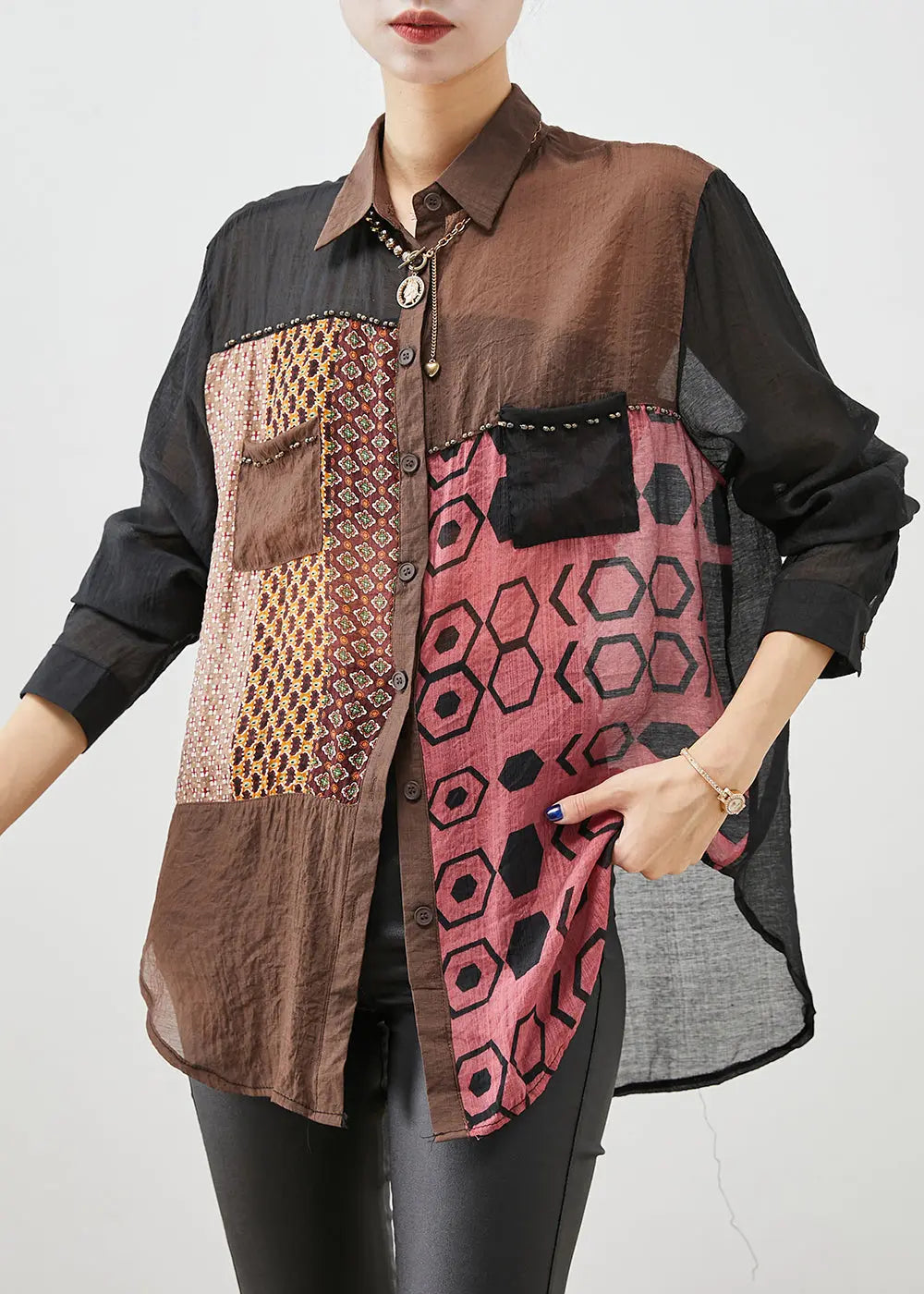 Art Colorblock Oversized Patchwork Cotton Shirt Fall Ada Fashion