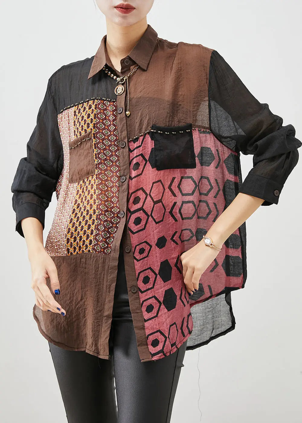 Art Colorblock Oversized Patchwork Cotton Shirt Fall Ada Fashion
