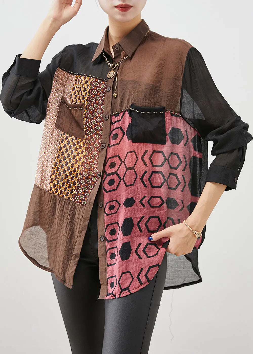 Art Colorblock Oversized Patchwork Cotton Shirt Fall Ada Fashion