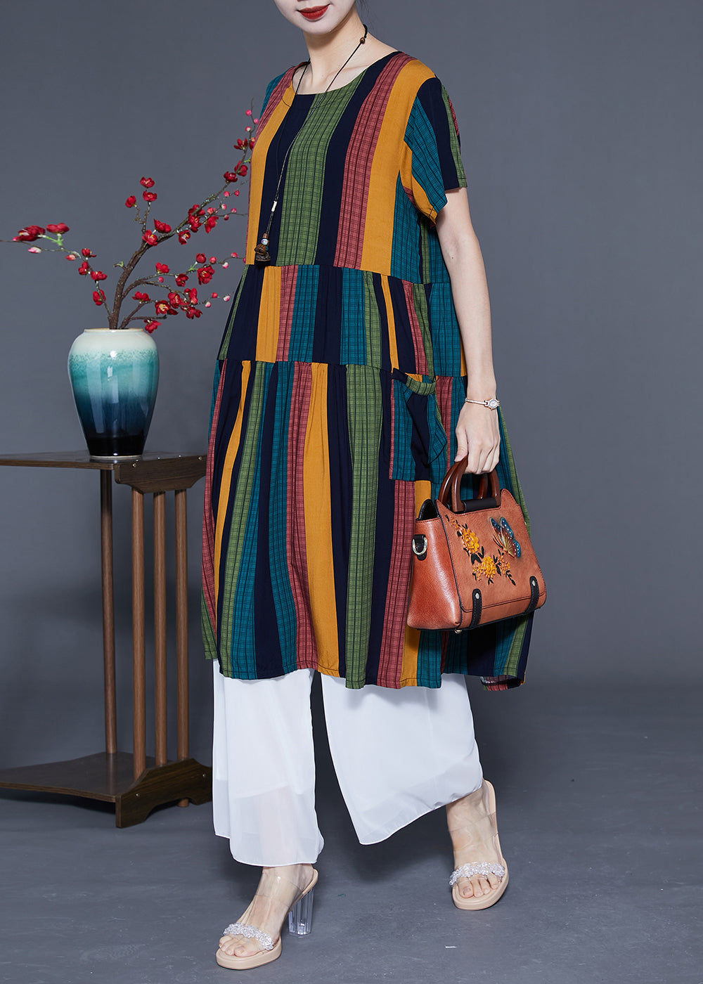 Art Colorblock Oversized Patchwork Striped Cotton Maxi Dresses Summer LC0376 - fabuloryshop