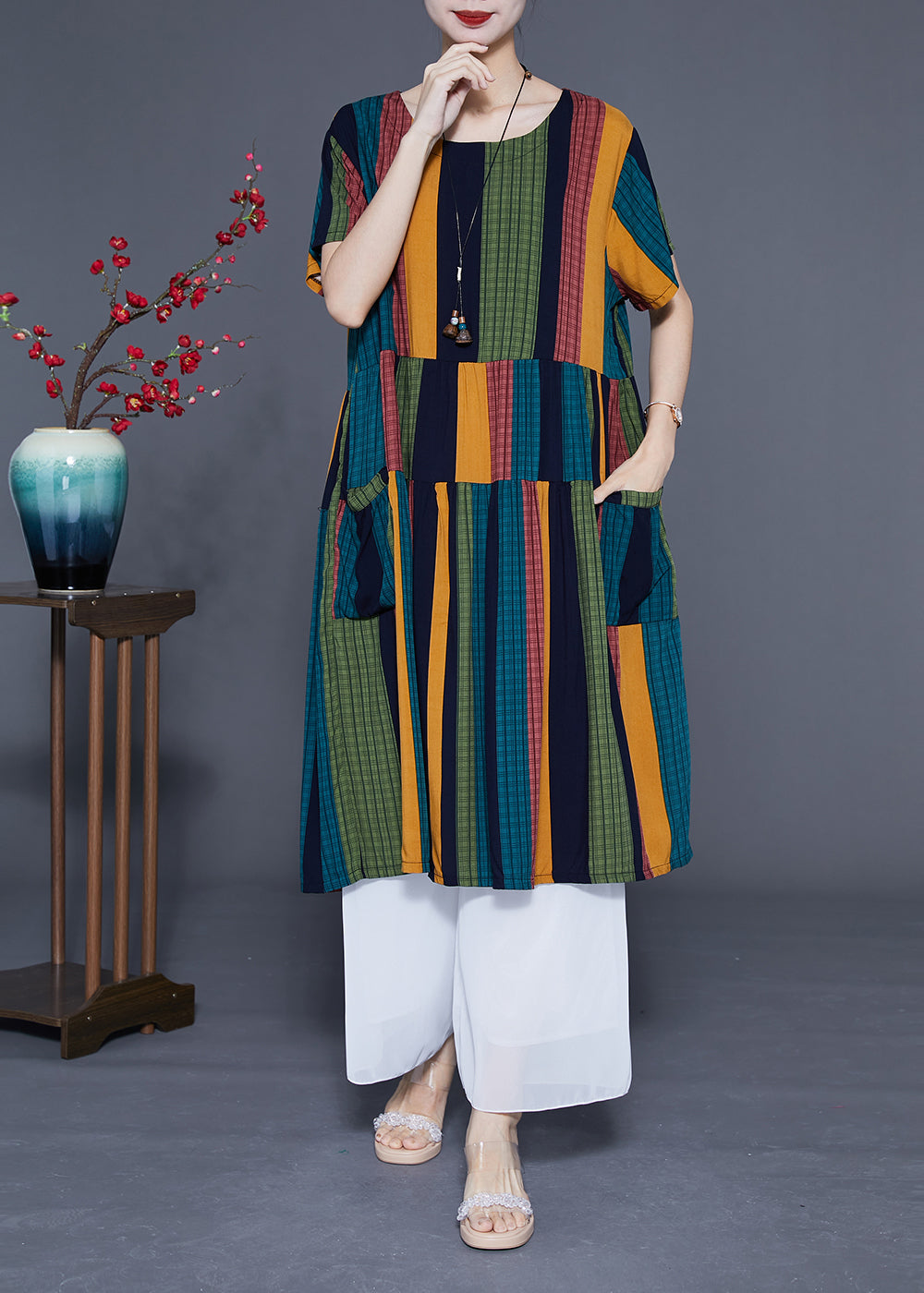 Art Colorblock Oversized Patchwork Striped Cotton Maxi Dresses Summer LC0376 - fabuloryshop