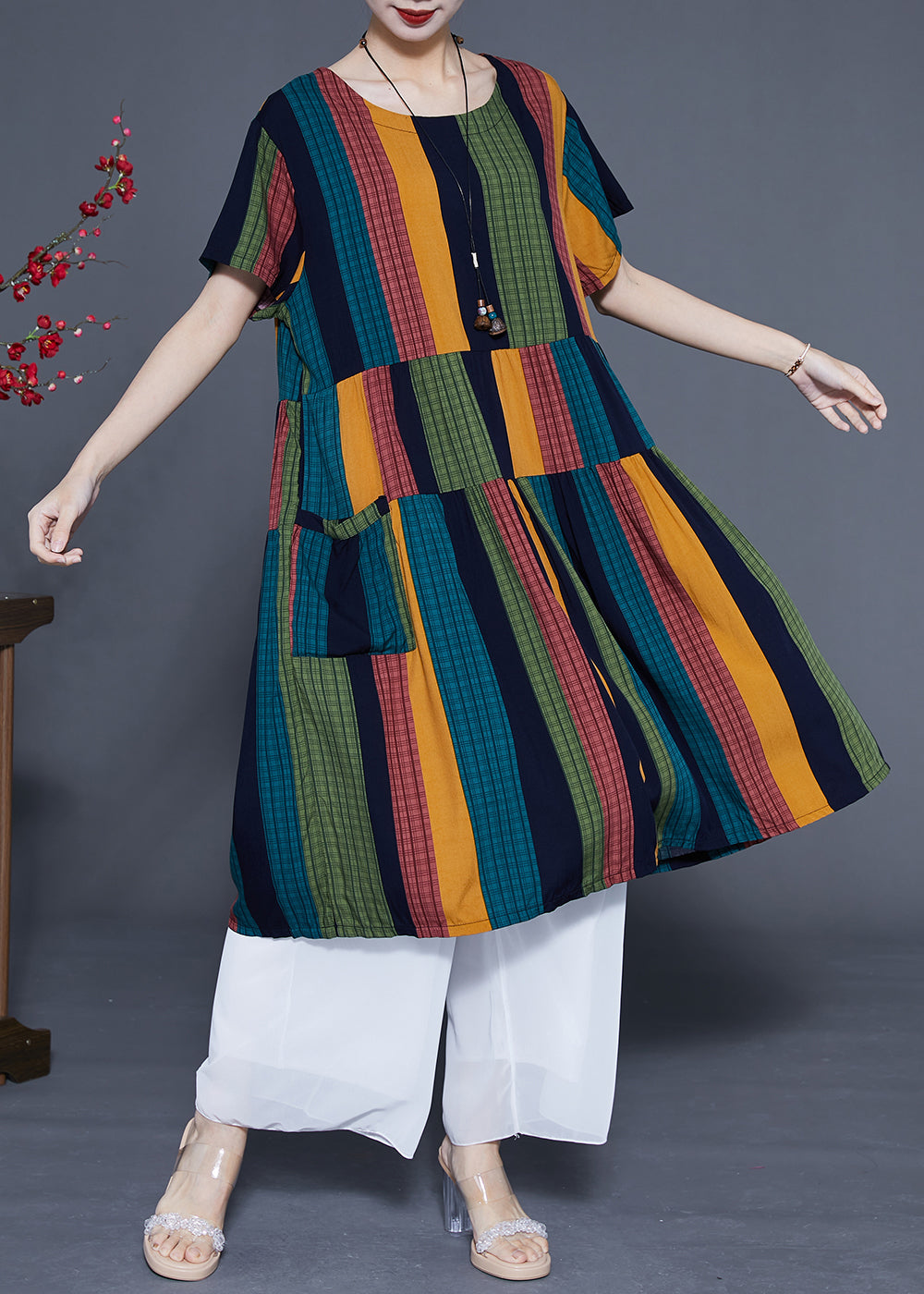 Art Colorblock Oversized Patchwork Striped Cotton Maxi Dresses Summer LC0376 - fabuloryshop