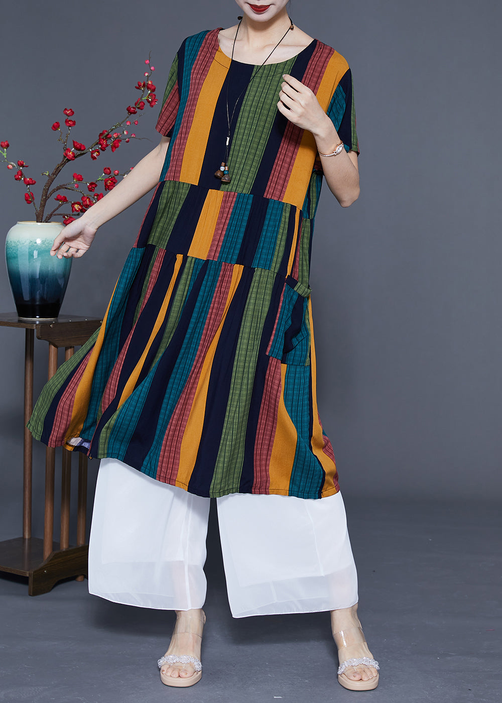 Art Colorblock Oversized Patchwork Striped Cotton Maxi Dresses Summer LC0376 - fabuloryshop