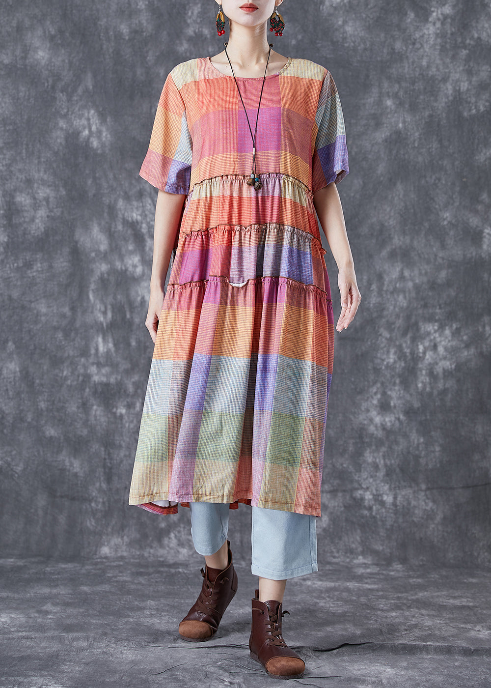 Art Colorblock Ruffled Plaid Cotton Dress Summer LY4989 - fabuloryshop