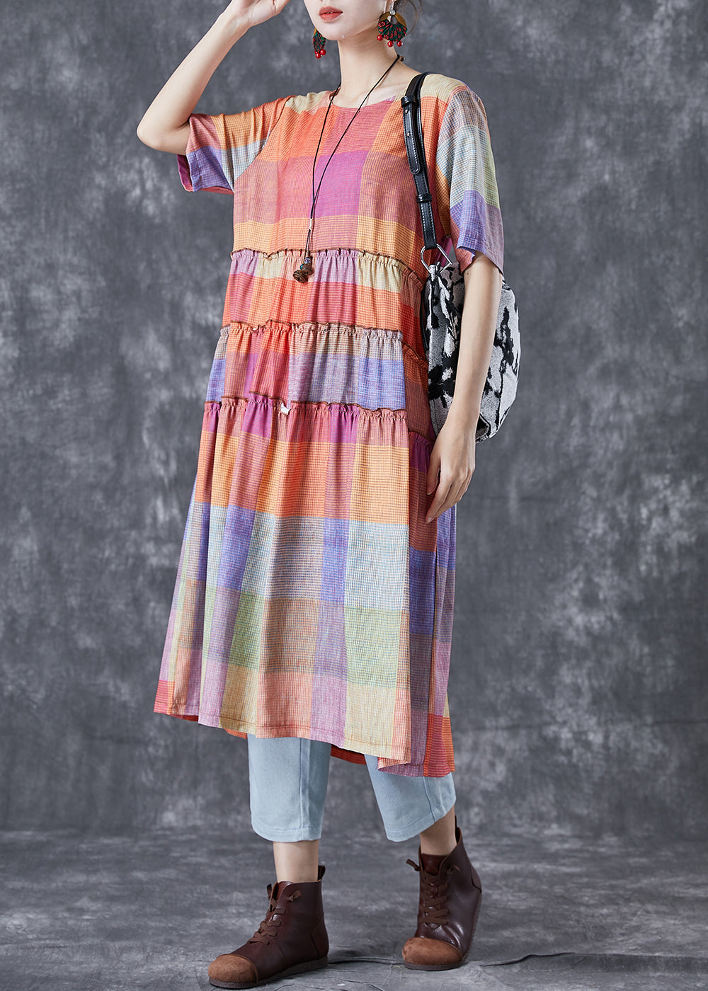Art Colorblock Ruffled Plaid Cotton Dress Summer LY4989 - fabuloryshop