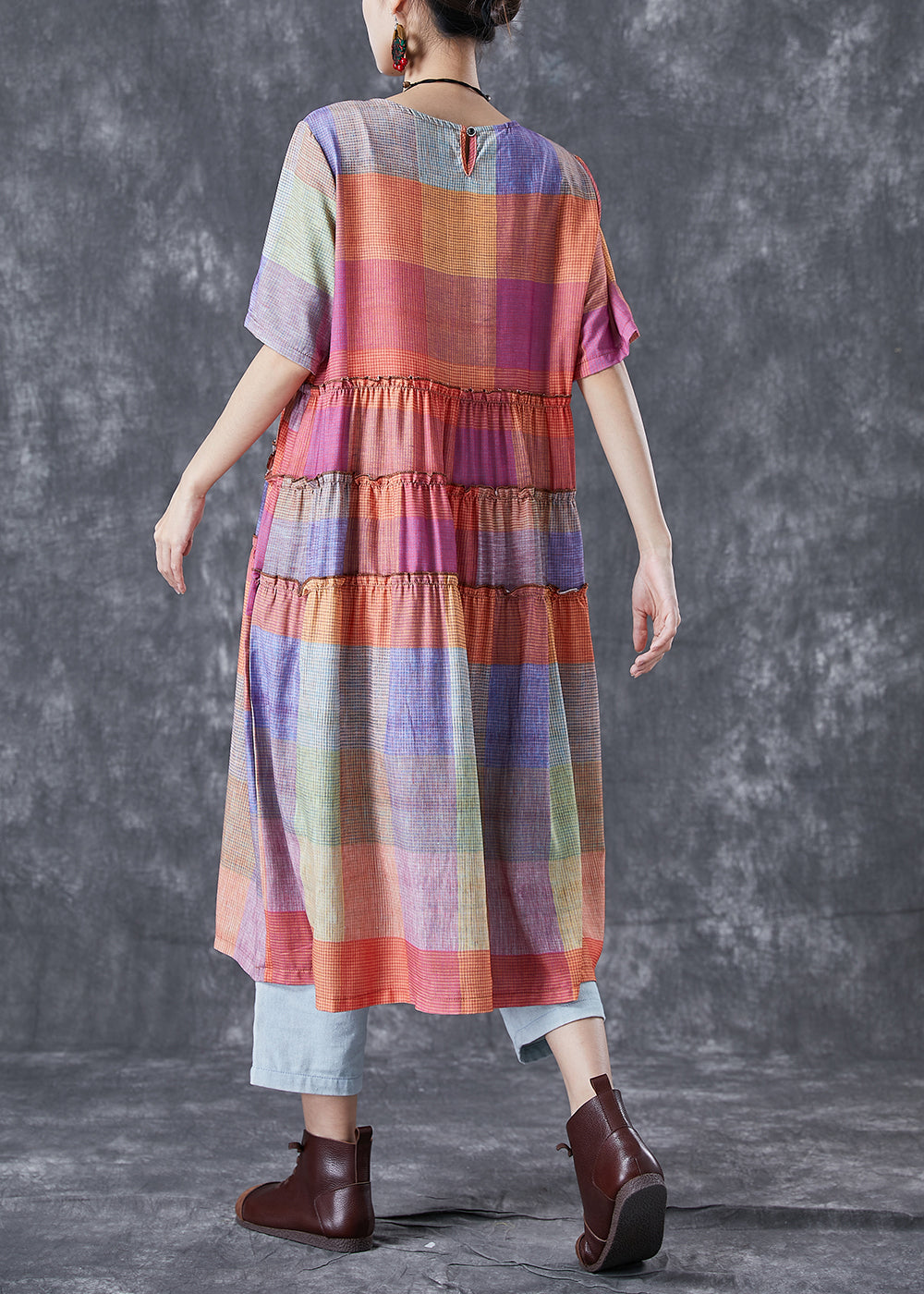 Art Colorblock Ruffled Plaid Cotton Dress Summer LY4989 - fabuloryshop