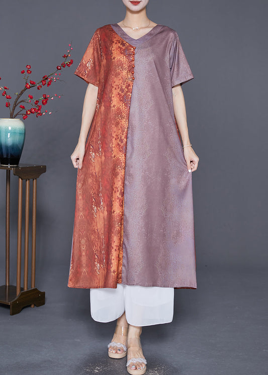 Art Colorblock V Neck Patchwork Silk Long Dress Summer LY7670