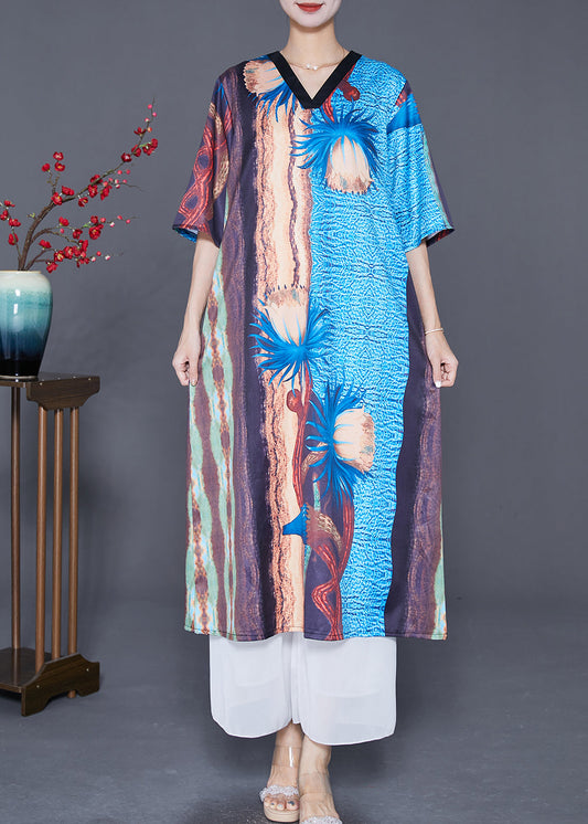 Art Colorblock V Neck Print Silk Holiday Dress Summer LY7698