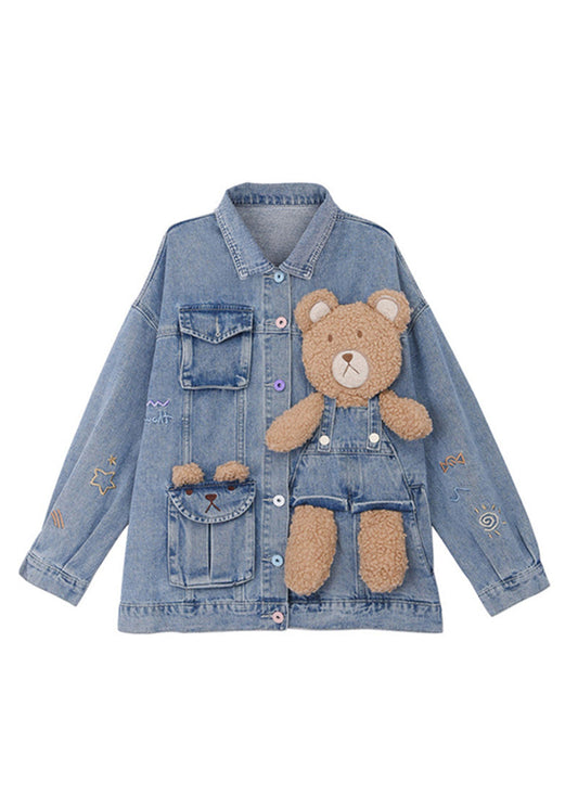 Art Denim Blue Peter Pan Collar Patchwork Little Bear Button Coats Fall TY1054 - fabuloryshop