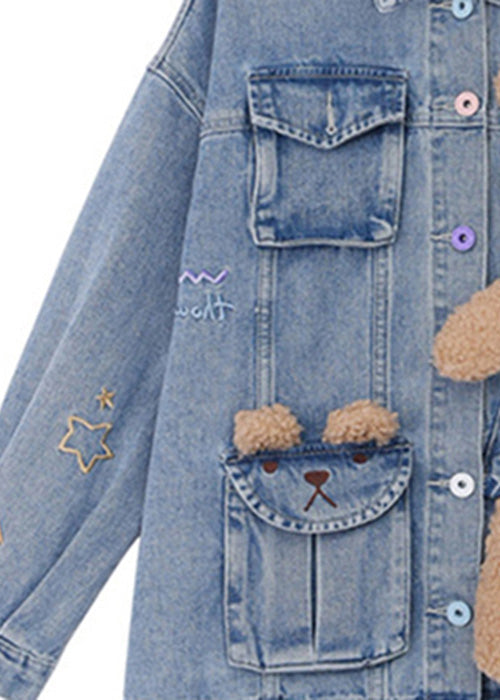 Art Denim Blue Peter Pan Collar Patchwork Little Bear Button Coats Fall TY1054 - fabuloryshop