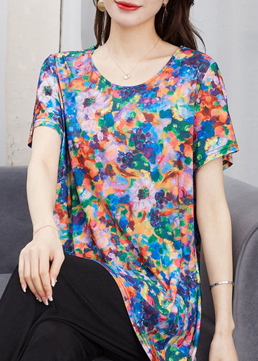 Art Floral O Neck Patchwork Cotton T Shirt Top Short Sleeve Ada Fashion
