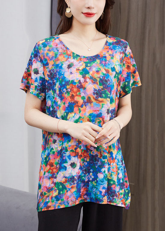 Art Floral O Neck Patchwork Cotton T Shirt Top Short Sleeve Ada Fashion