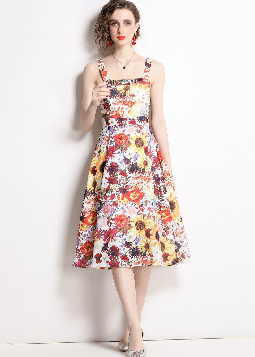 Art Floral Print Patchwork Chiffon Spaghetti Strap Dress Summer LY7371 - fabuloryshop