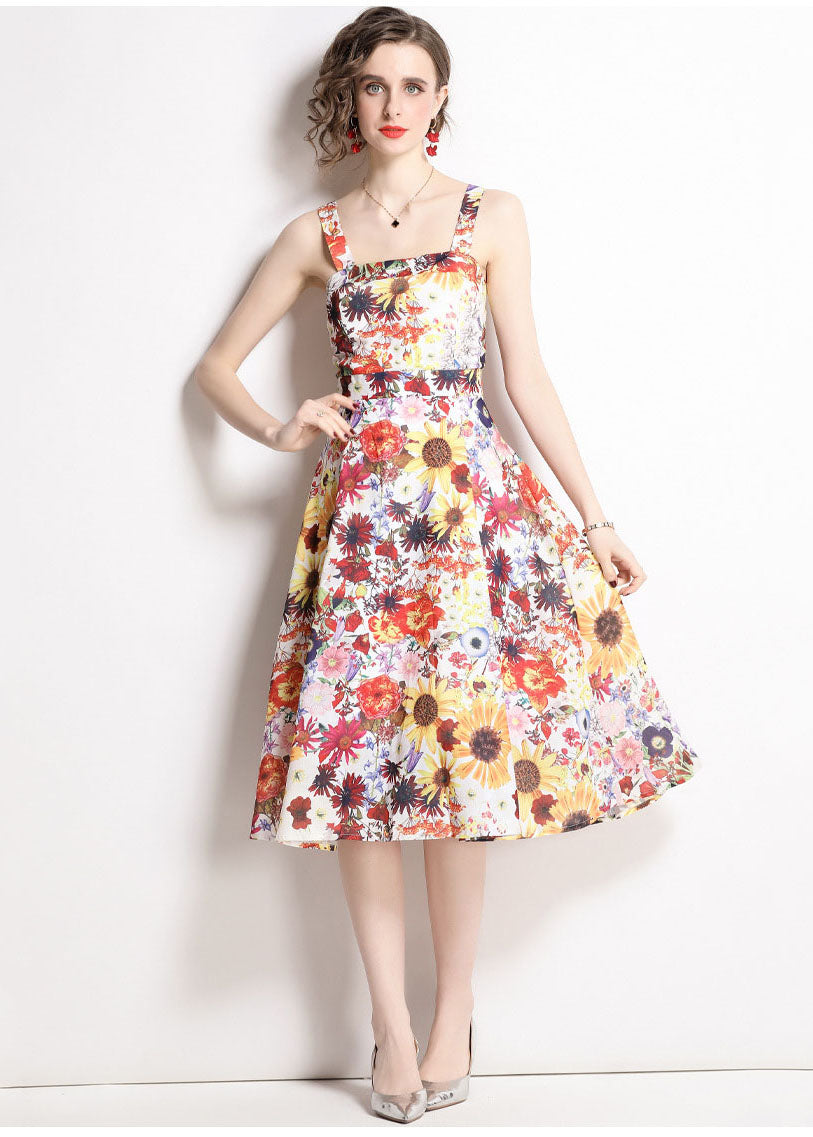 Art Floral Print Patchwork Chiffon Spaghetti Strap Dress Summer LY7371 - fabuloryshop