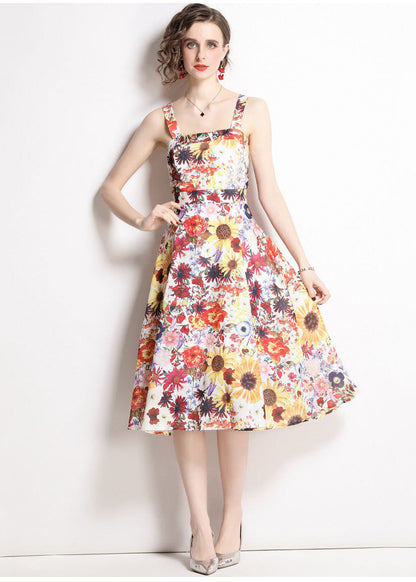 Art Floral Print Patchwork Chiffon Spaghetti Strap Dress Summer LY7371 - fabuloryshop