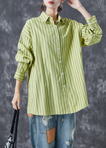 Art Grass Green Oversized Striped Cotton Blouses Summer Ada Fashion