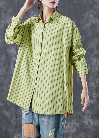 Art Grass Green Oversized Striped Cotton Blouses Summer Ada Fashion