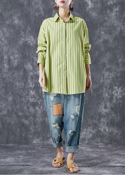 Art Grass Green Oversized Striped Cotton Blouses Summer Ada Fashion