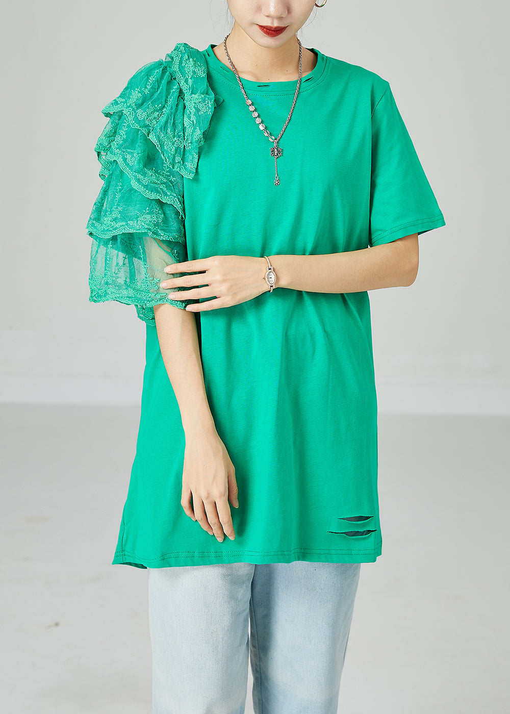 Art Green Asymmetrical Patchwork Cotton Ripped Long Tops Summer LY2455 - fabuloryshop