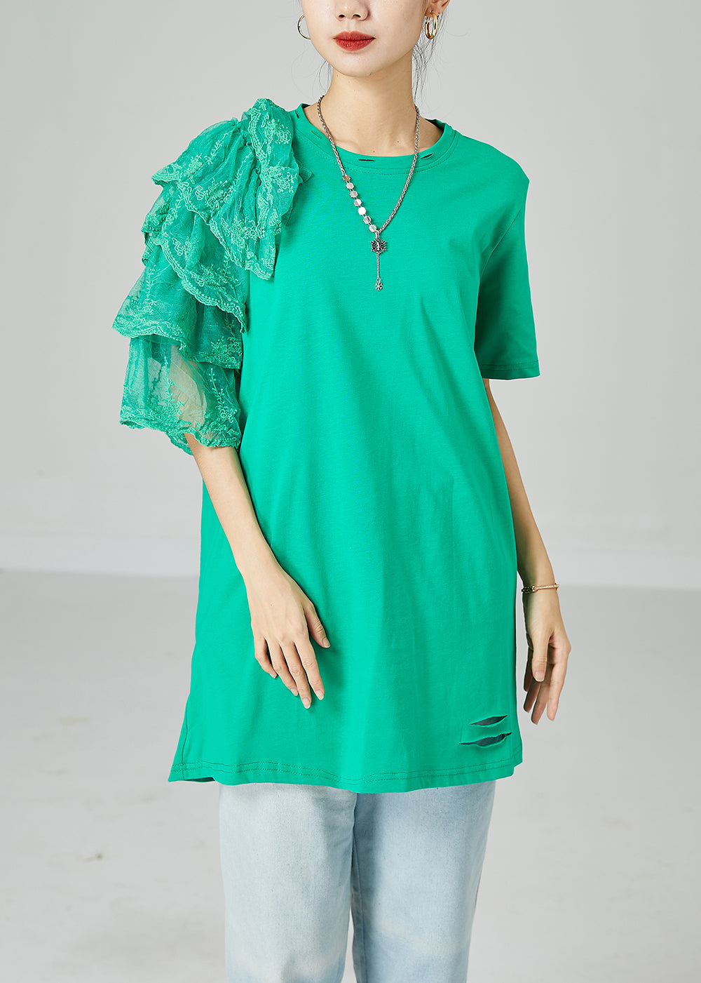Art Green Asymmetrical Patchwork Cotton Ripped Long Tops Summer LY2455 - fabuloryshop
