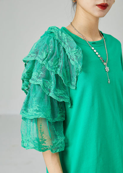 Art Green Asymmetrical Patchwork Cotton Ripped Long Tops Summer LY2455 - fabuloryshop