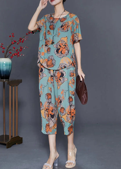 Art Green Butterfly Print Linen Two Piece Set Women Clothing Summer Ada Fashion