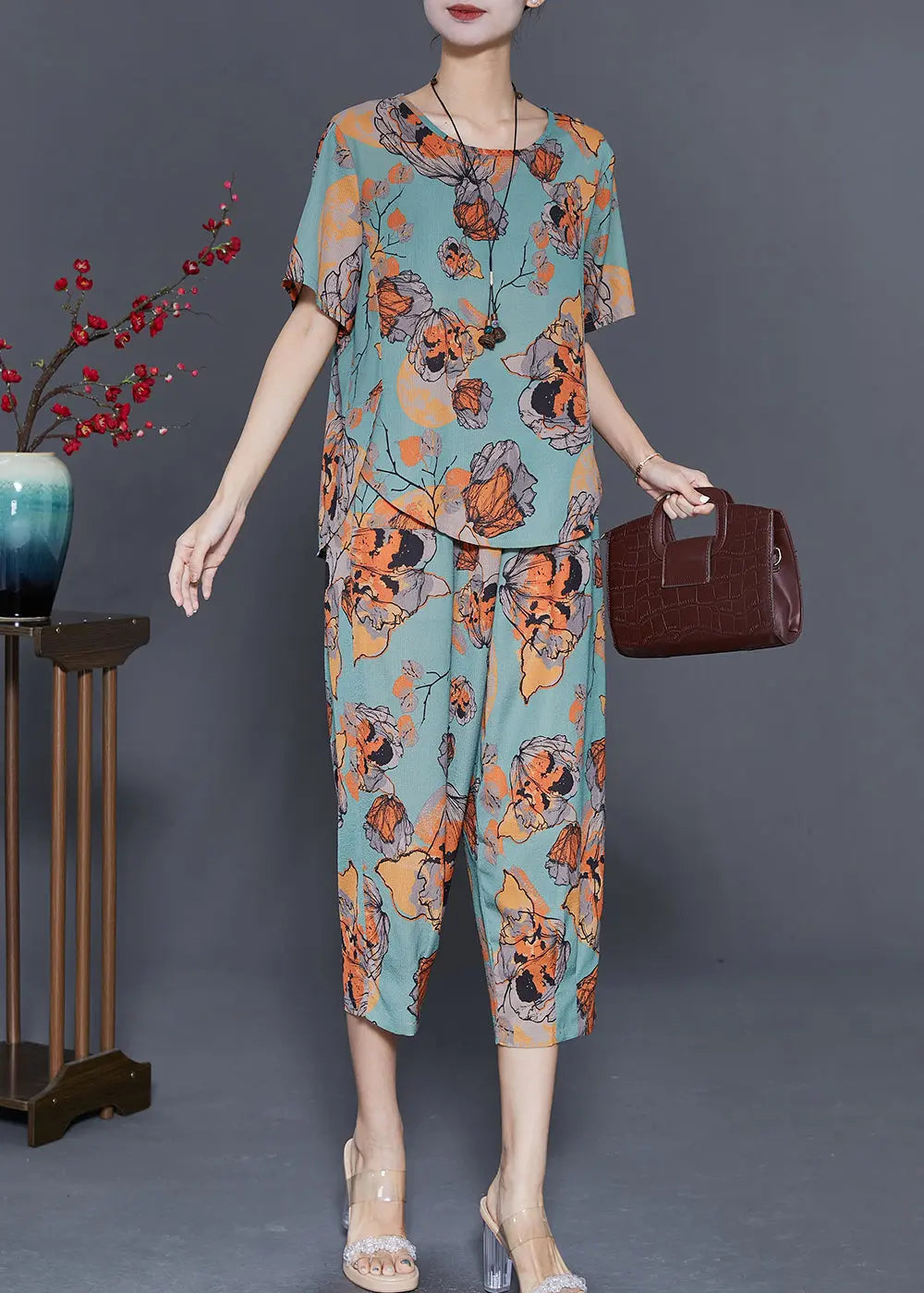 Art Green Butterfly Print Linen Two Piece Set Women Clothing Summer Ada Fashion