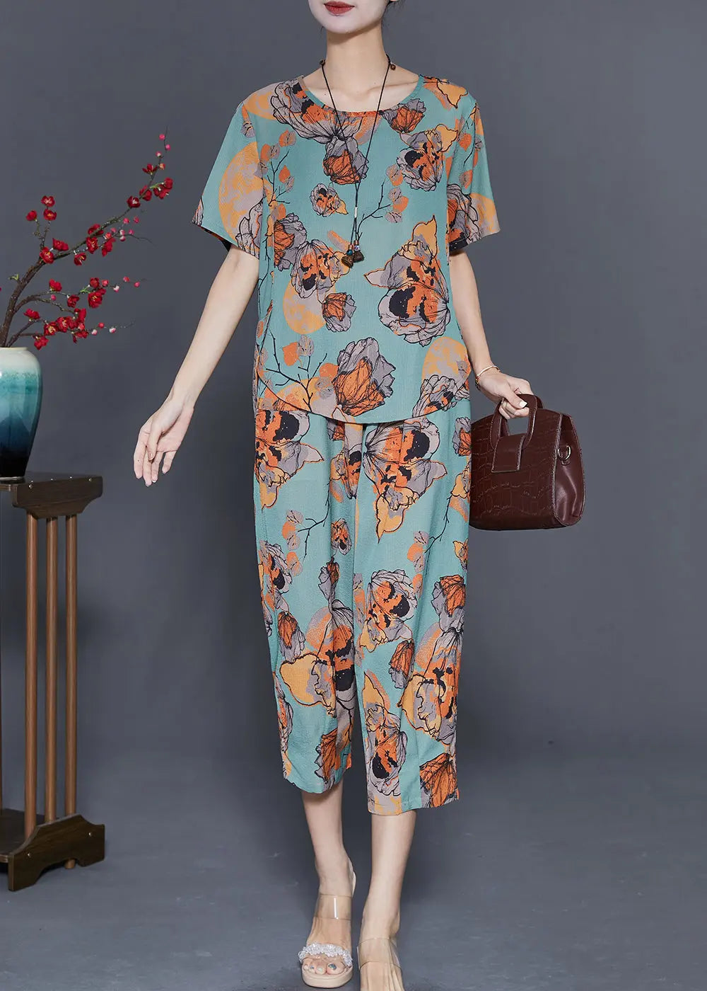 Art Green Butterfly Print Linen Two Piece Set Women Clothing Summer Ada Fashion