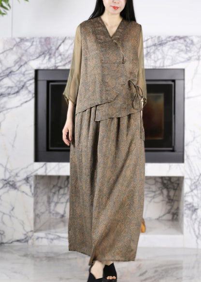 Art Green Coffee V Neck Print Button Linen Top And Maxi Skirts Two Piece Set Long Sleeve LY5108 - fabuloryshop