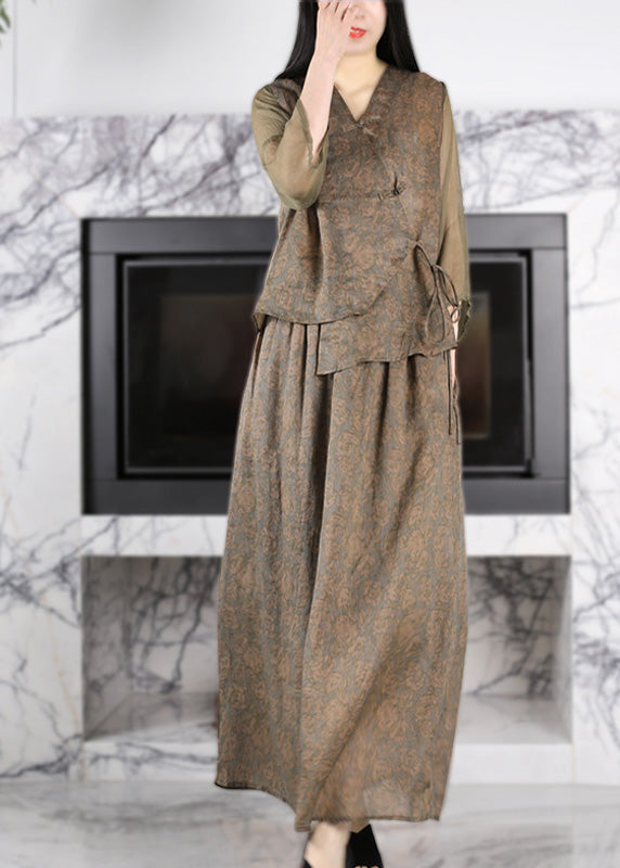 Art Green Coffee V Neck Print Button Linen Top And Maxi Skirts Two Piece Set Long Sleeve LY5108 - fabuloryshop