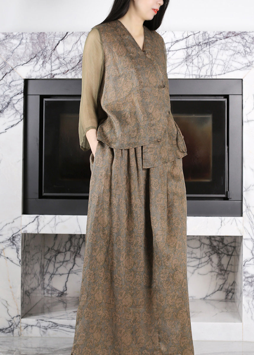 Art Green Coffee V Neck Print Button Linen Top And Maxi Skirts Two Piece Set Long Sleeve LY5108 - fabuloryshop