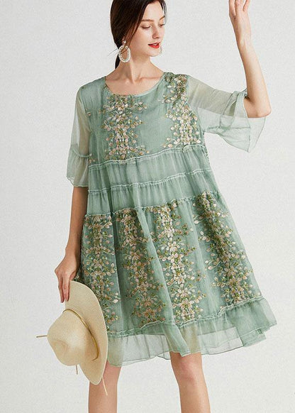 Embroideried O-Neck Loose Chiffon Dress - fabuloryshop